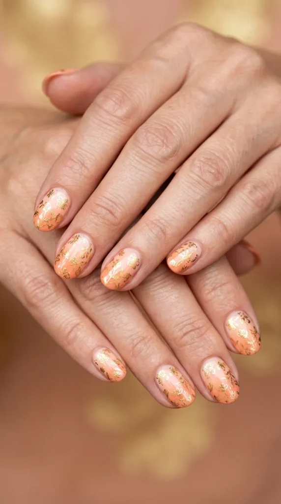 Peach Gradient Nails with Gold Floral Foil