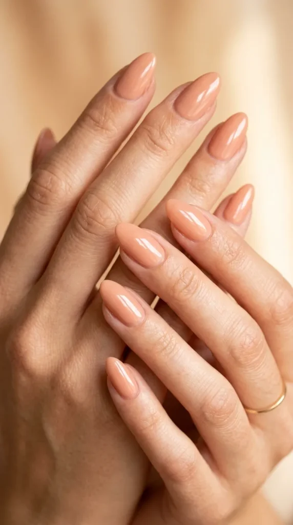 Peachy nude almond glossy nails