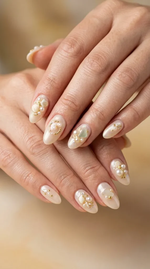 Pearl and Shell Embellished Nails