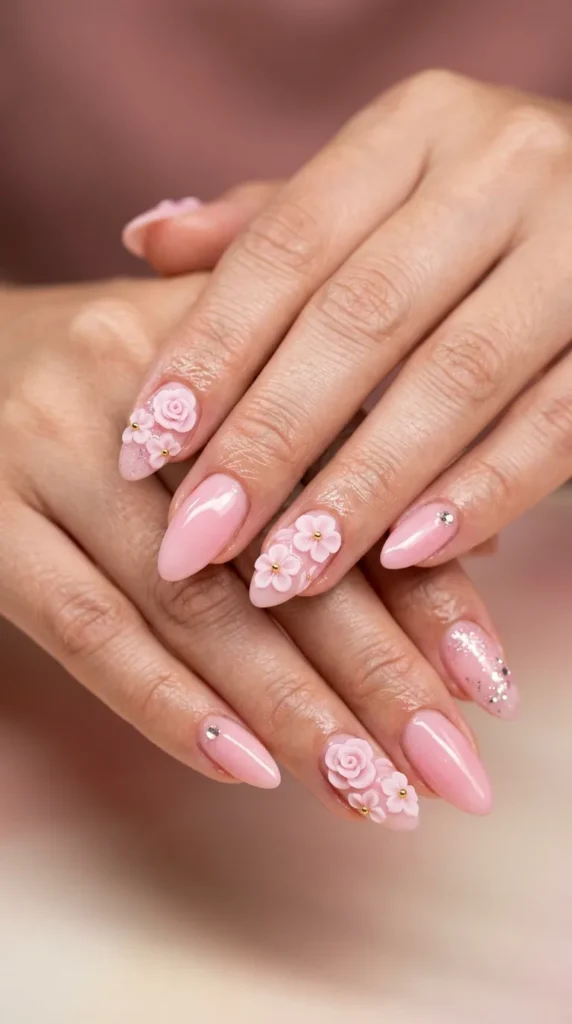 Pink 3D Flower Nails