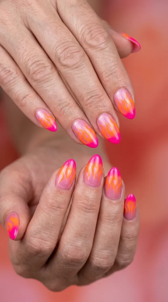 Pink and orange flame art almond nails