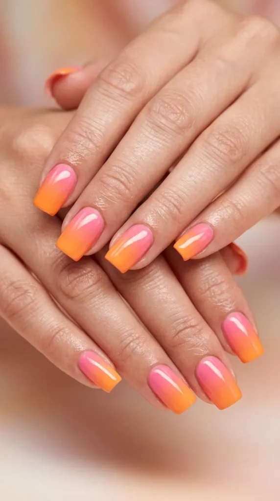 Pink and Orange Ombre Square Nails