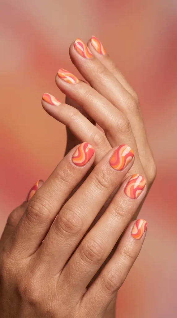 Pink and Orange Swirl Nails
