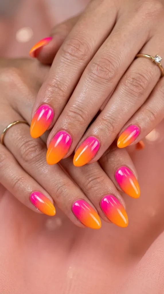 Pink and Orange Tropical Gradient Nails