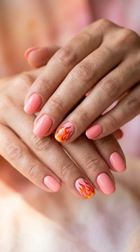 Pink base orange flame accent nail