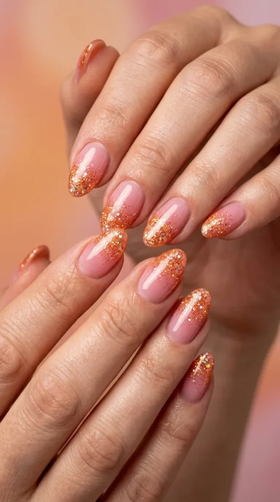 Pink base orange glitter fade nails