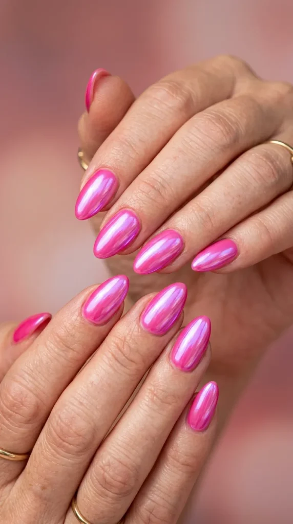 Pink chrome almond nails with glazed effect