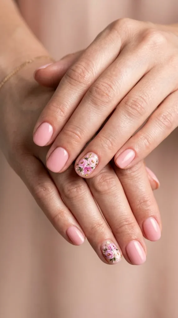 Pink Floral Accent Nails