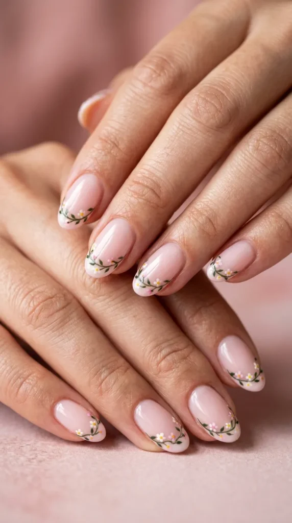 Pink Floral French Manicure