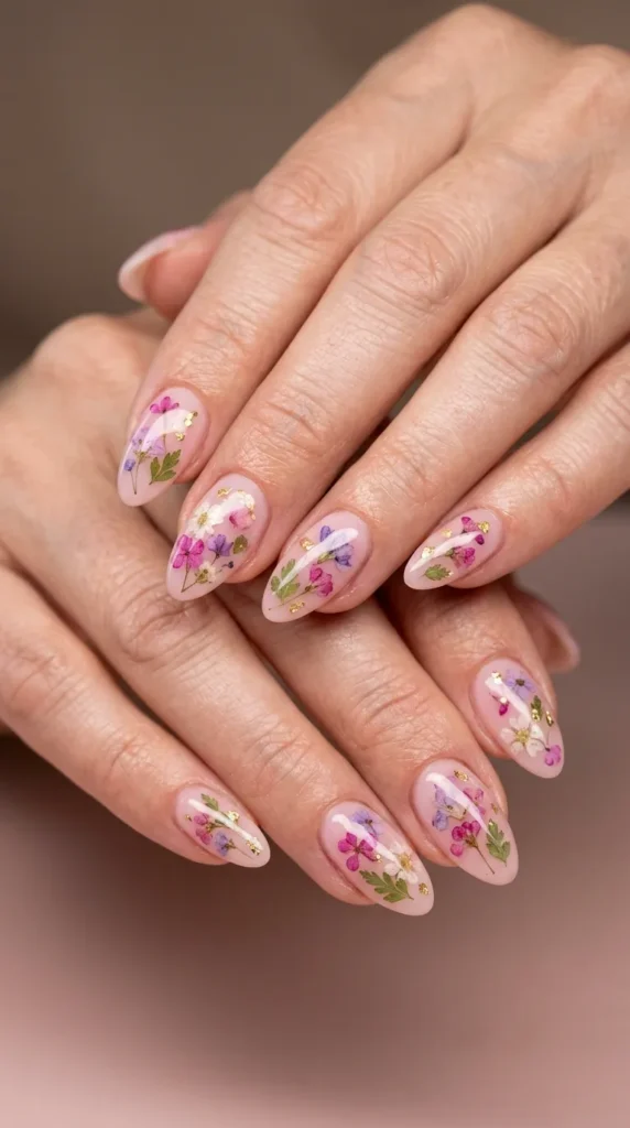 Pink floral garden almond nails