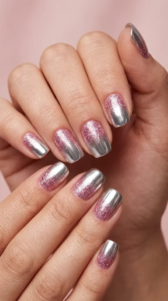 Pink glitter ombre with chrome tips