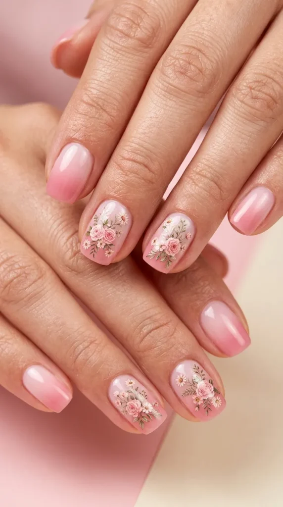 Pink Gradient Nails with Floral Stickers