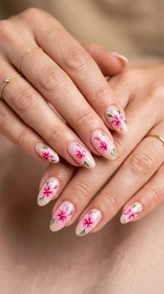 Pink Hibiscus Flower Nails