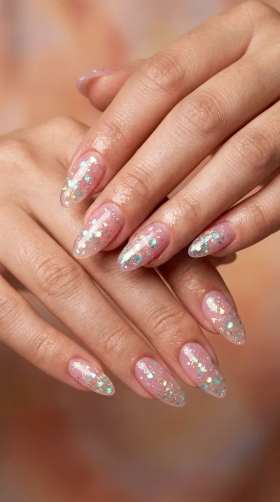 Pink jelly almond nails with glitter specks