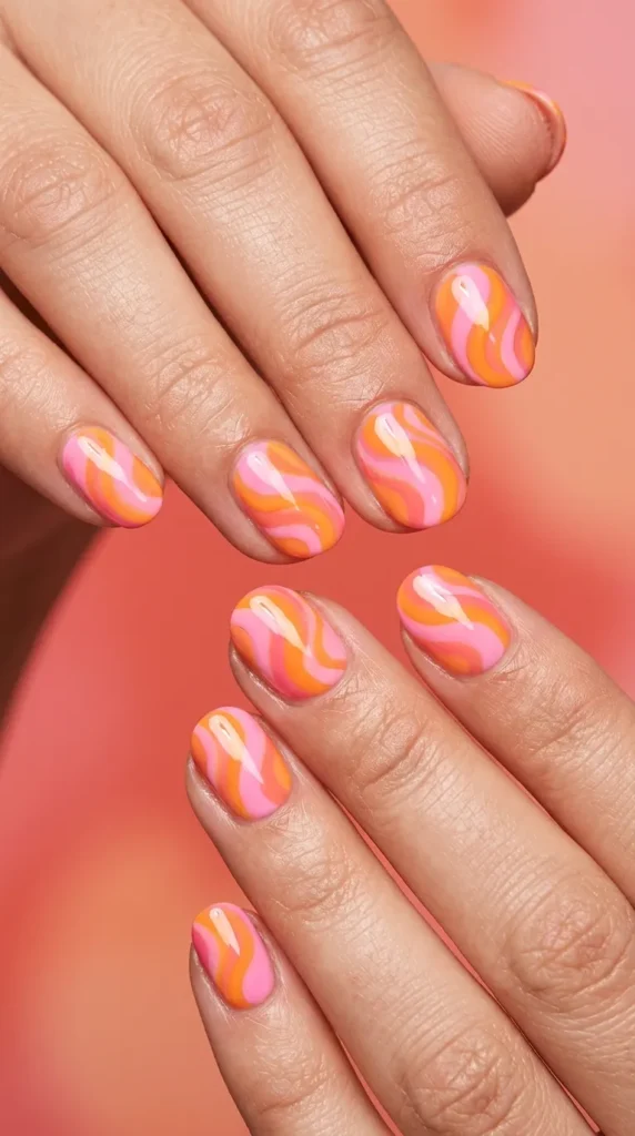 Pink + orange summer swirl nails