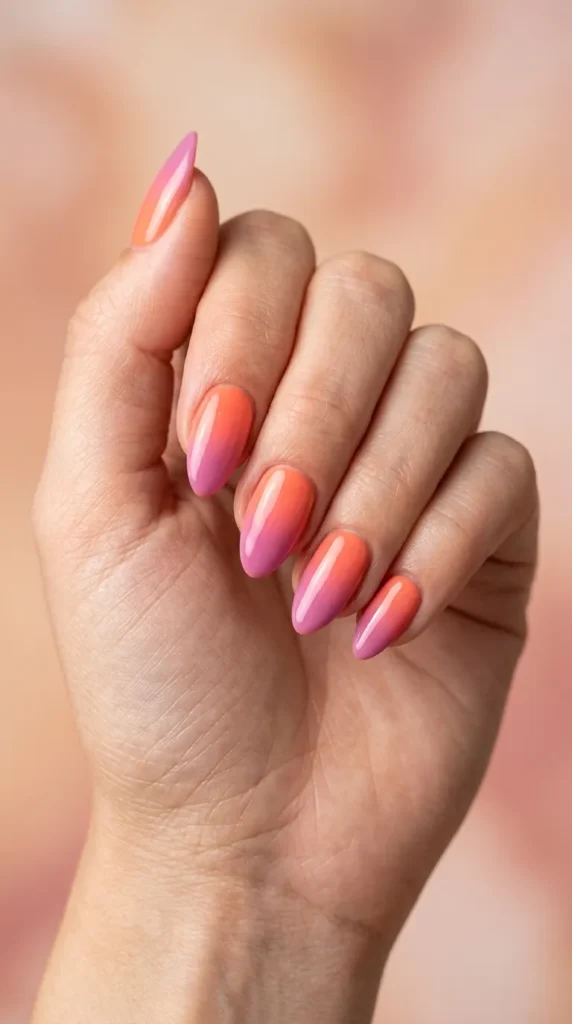 Pink & orange sunset ombre nails