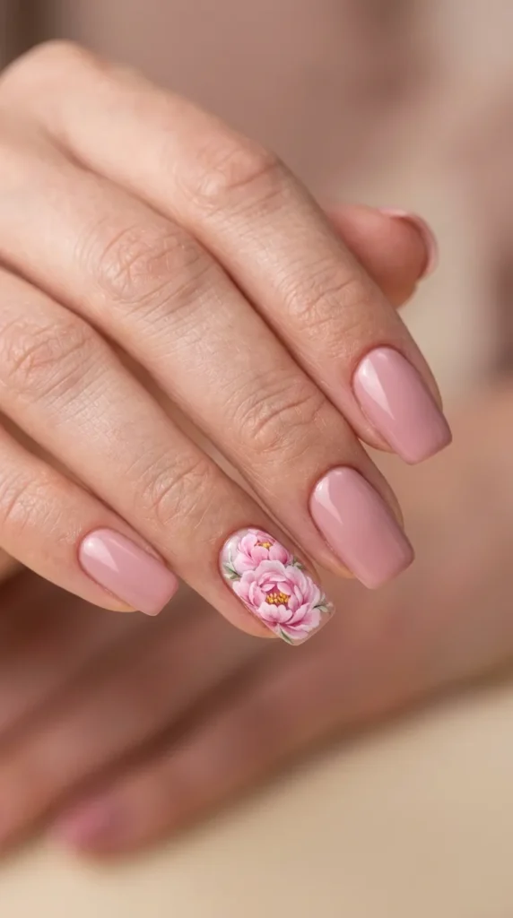 Pink Peony Cluster Accent Nails