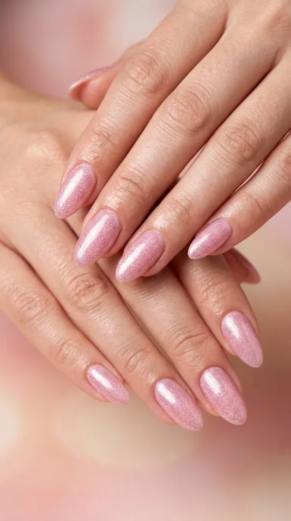 Pink Shimmer Almond Nails