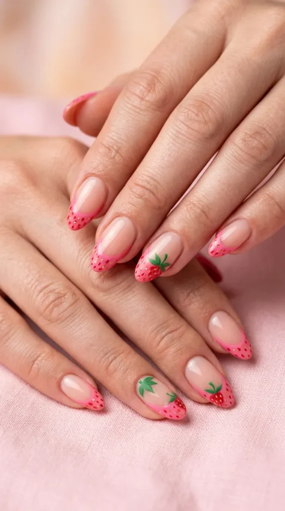 Pink strawberry French tips
