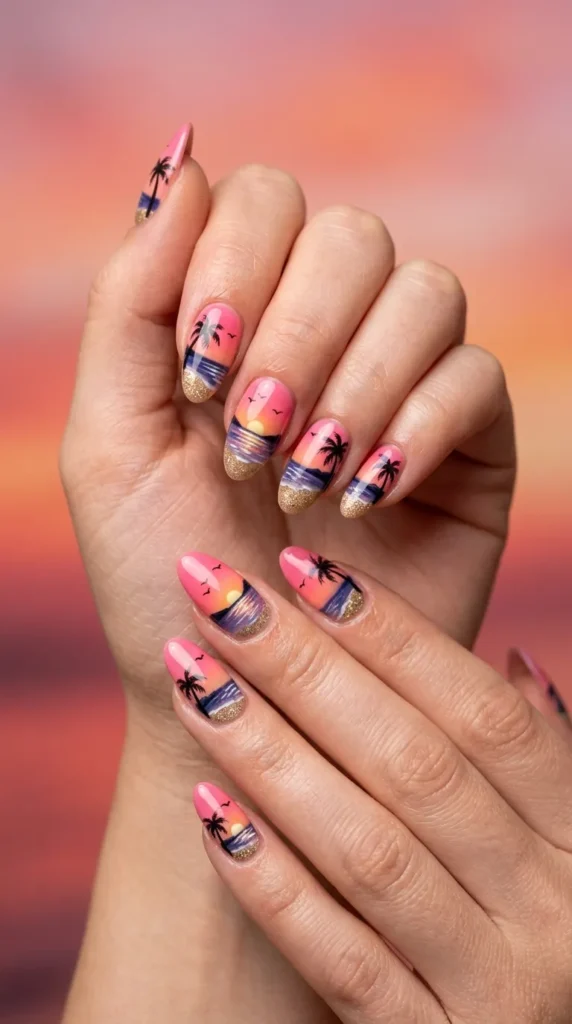 Pink Sunset Beach Nails