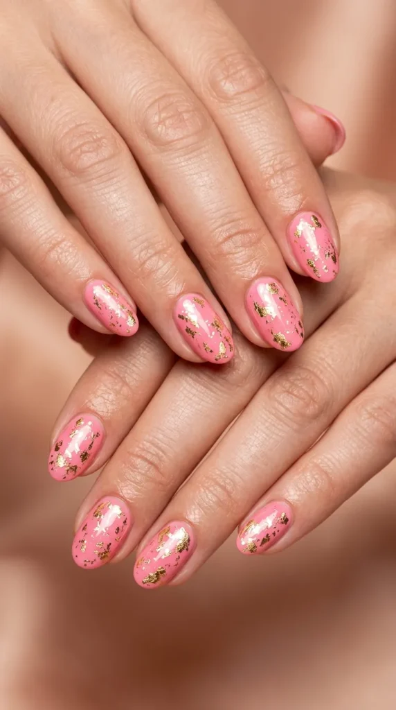 Pink Vacation Nails with Gold Foil