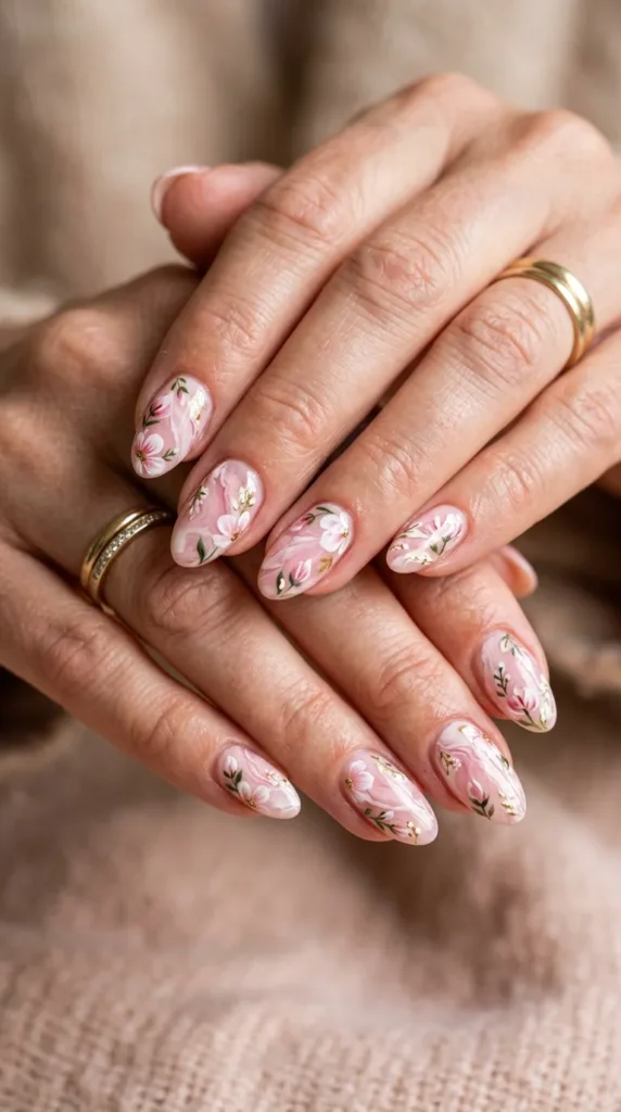 Pink & White Floral Marble Nails