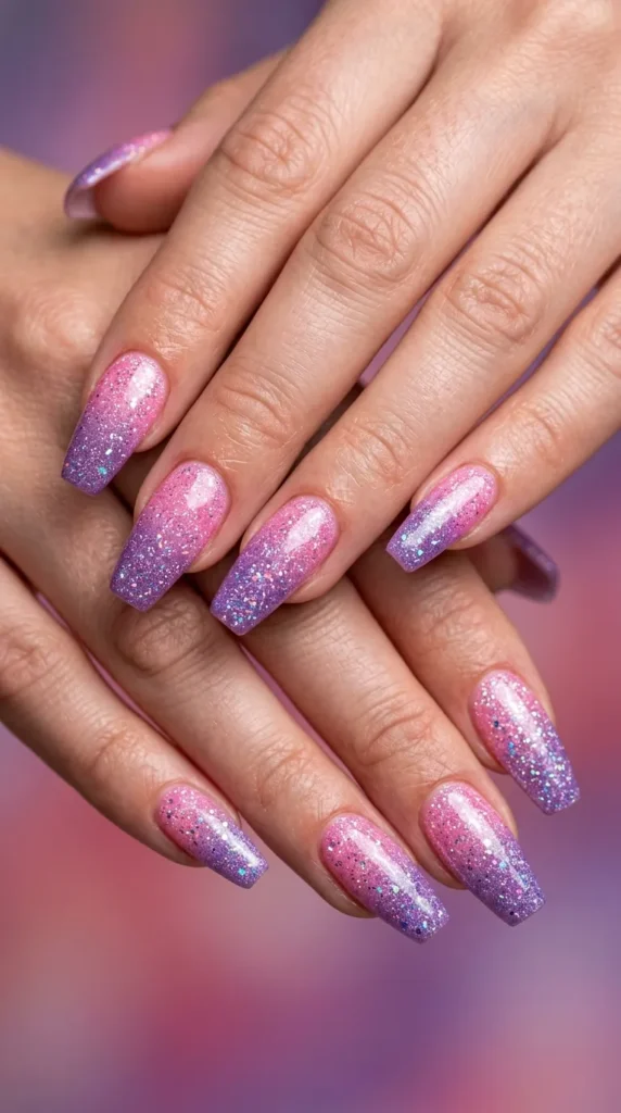 pink to purple glitter fade coffin nails
