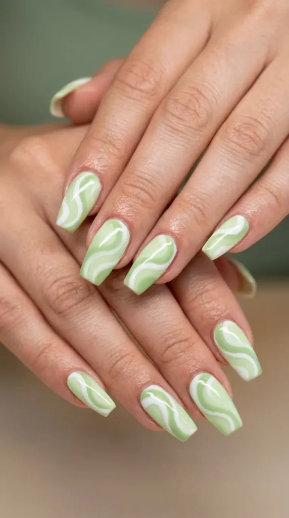 Pistachio & White Swirl Nails