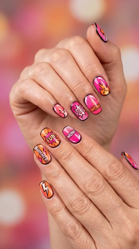 pop art pinkorange nails