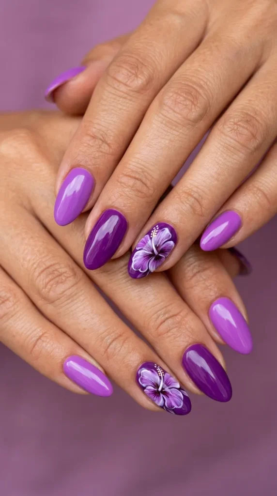 Purple Hibiscus Floral Nails