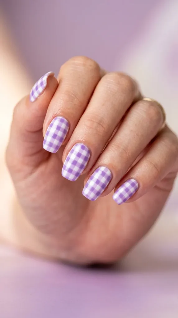 Purple Picnic Gingham Nails