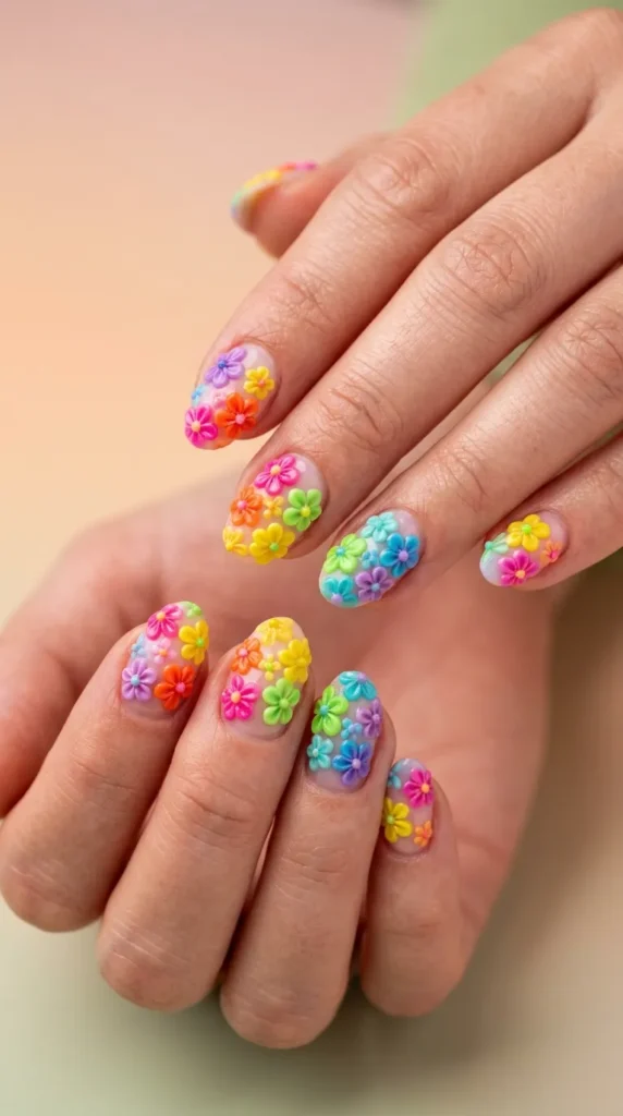 Rainbow 3D Flower Nails