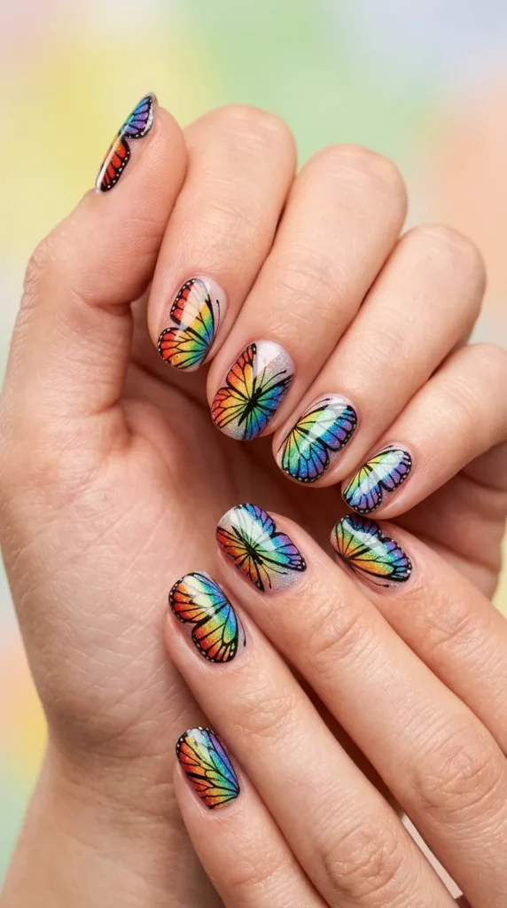 Rainbow Butterfly Accent Nails