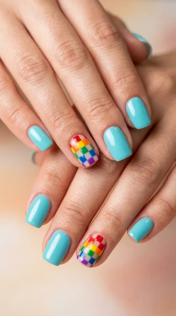 Rainbow Checkerboard Accent Nails