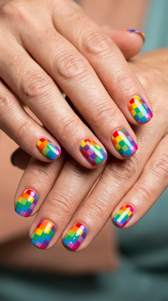 Rainbow Checkerboard Nails