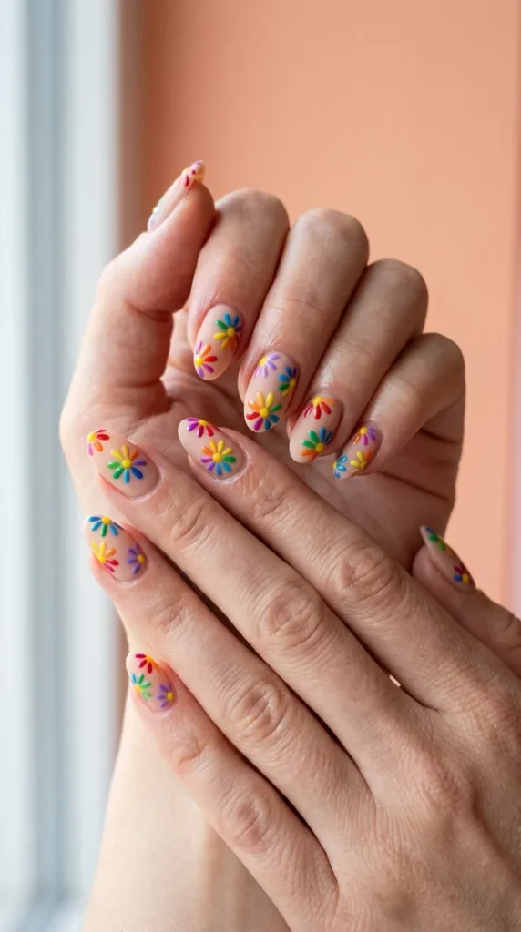 Rainbow Daisy Nails