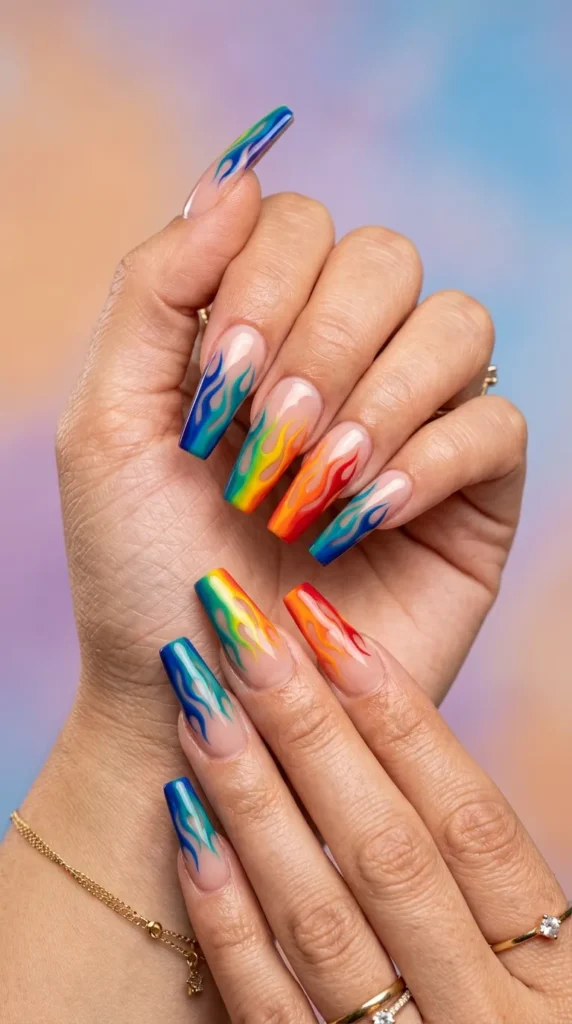 Rainbow Flame Nails