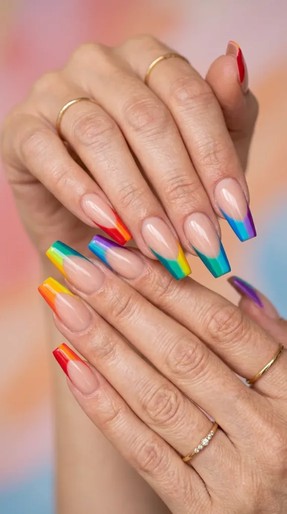 Rainbow French Coffin Nail Design