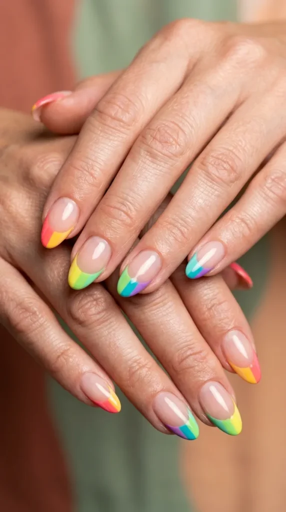rainbow french nails with colorblock tips