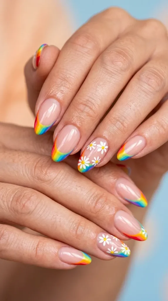 Rainbow French Nails with Daisy Art
