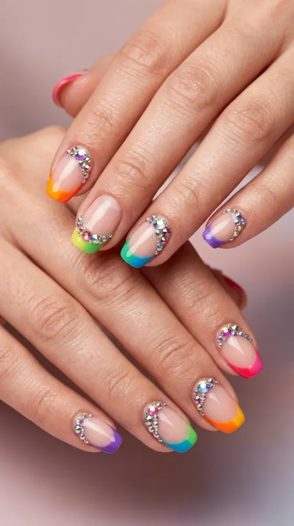rainbow french nails with rhineston