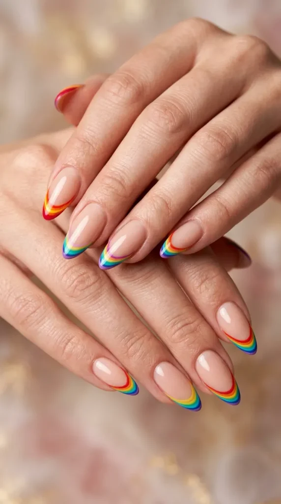 Rainbow French Tips on Almond Nails