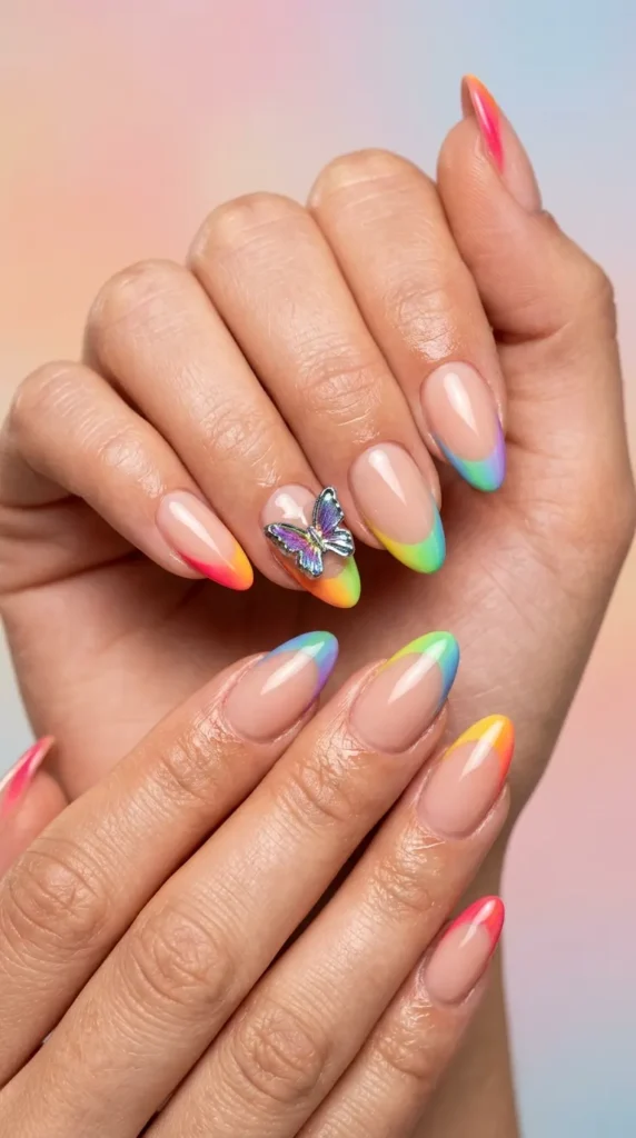 Rainbow French Tips with Butterfly Charms