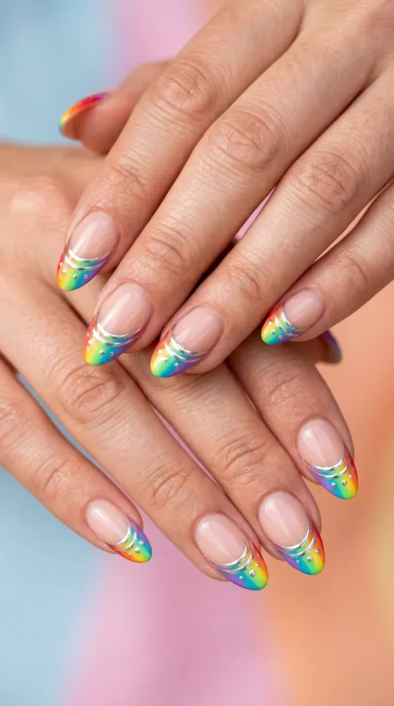 Rainbow French Tips with Chrome Accents