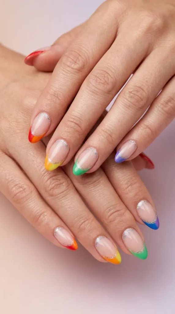 Rainbow French Tips with Glitter Cuticle Line
