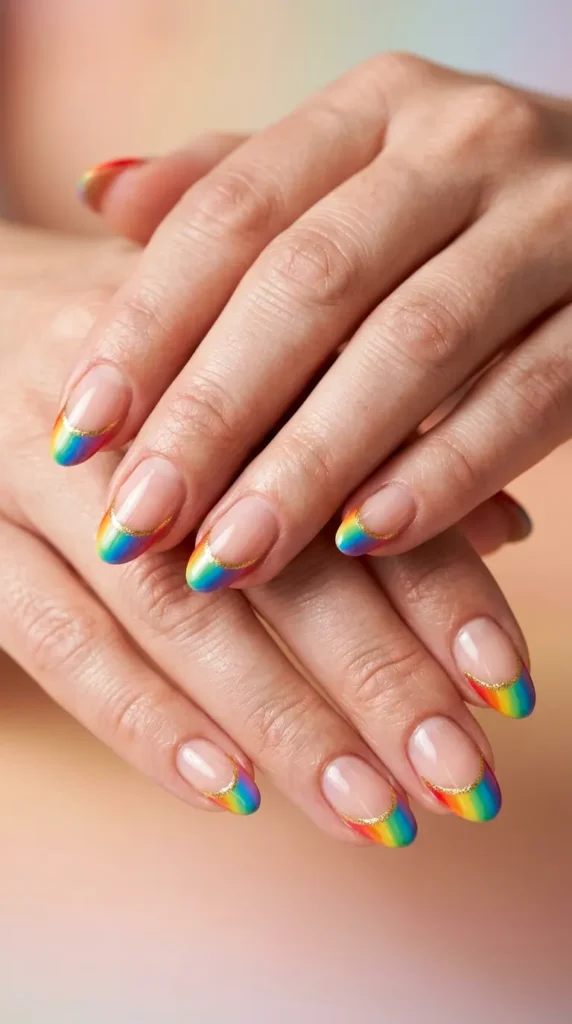 Rainbow French Tips with Gold Outline