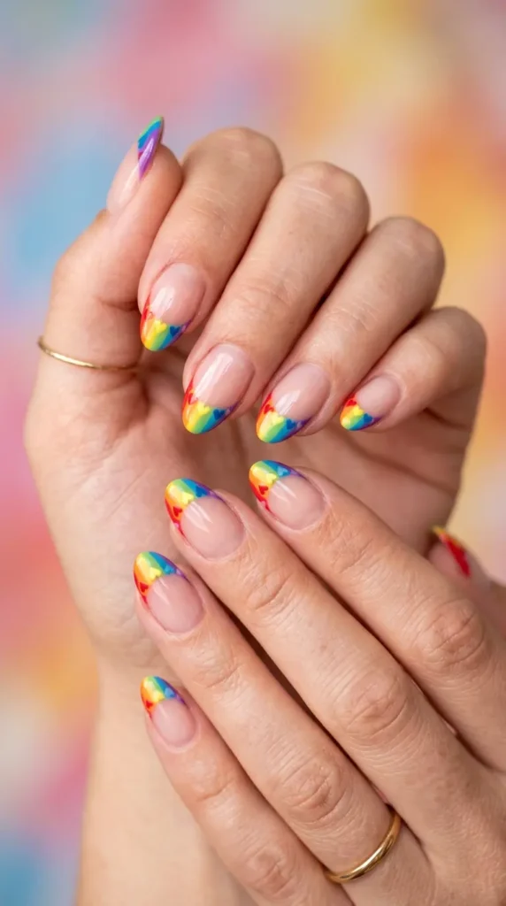 Rainbow French Tips with Heart Details