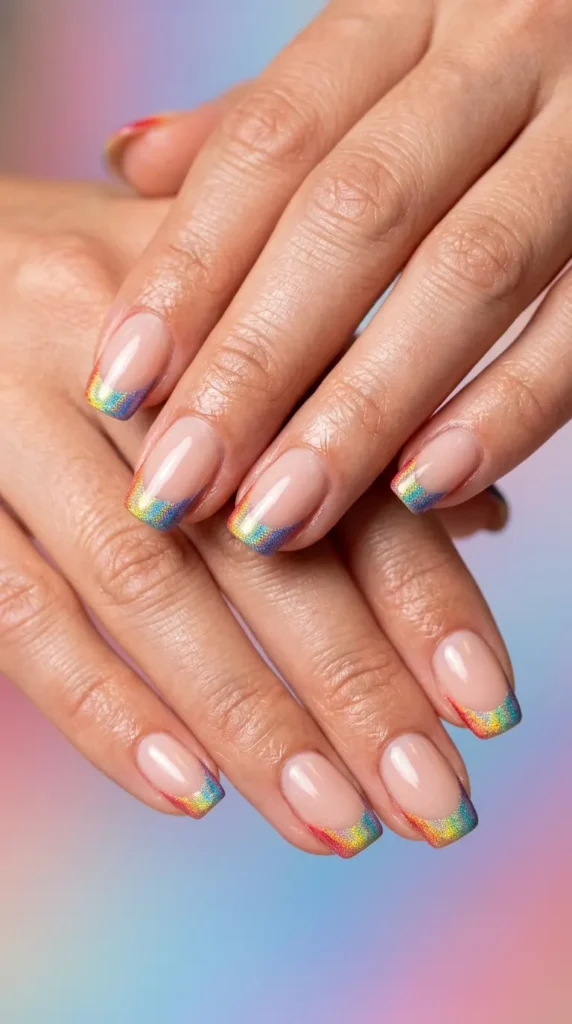 Rainbow French Tips with Holographic Finish