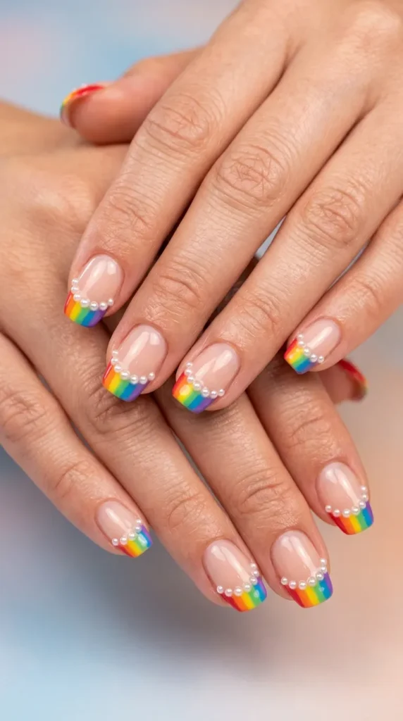 Rainbow French Tips with Pearls