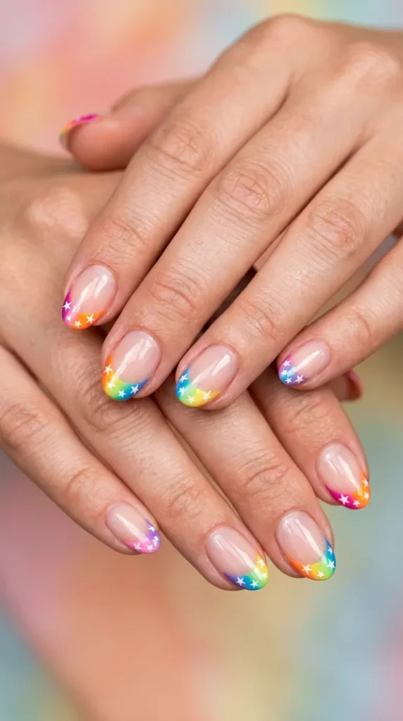 Rainbow French Tips with Tiny Stars